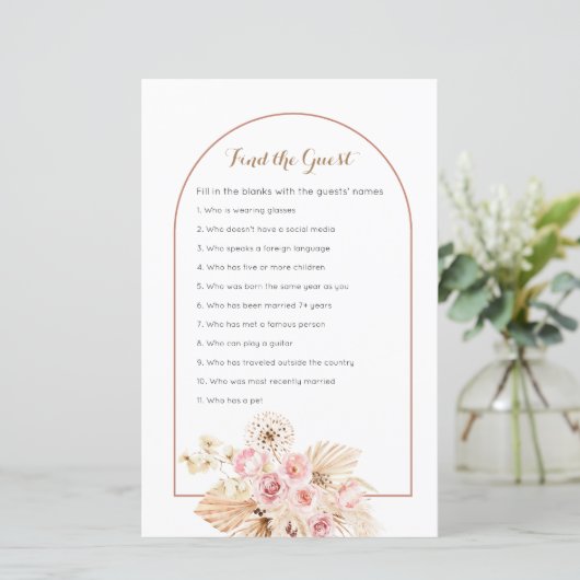 Pink Floral Boho Pampas Grass Find the Guest game (Standing Front)