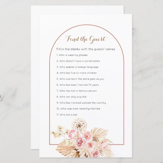 Pink Floral Boho Pampas Grass Find the Guest game (Front/Back)