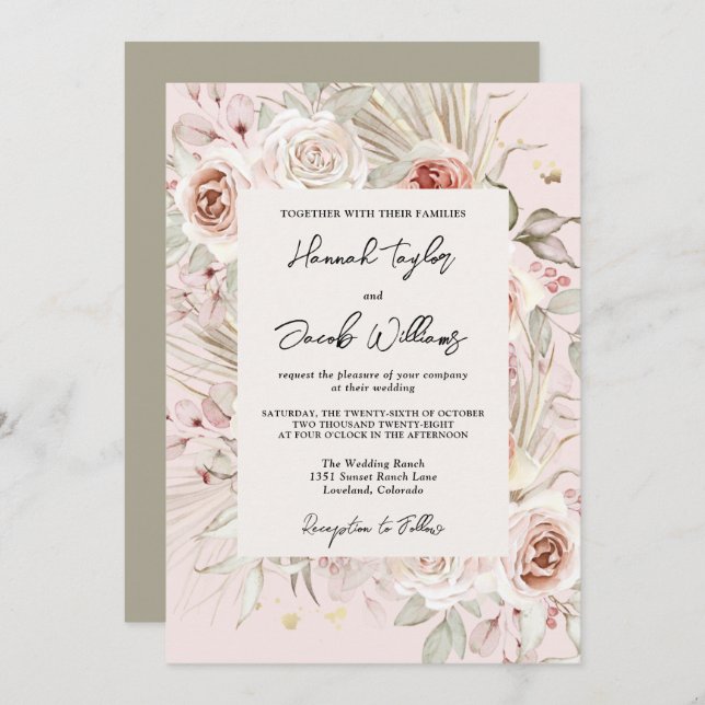 PInk Floral Boho Rustic Wedding Invitation (Front/Back)