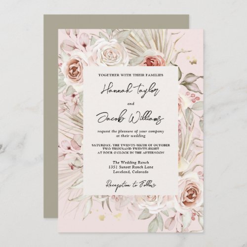 PInk Floral Boho Rustic Wedding Invitation