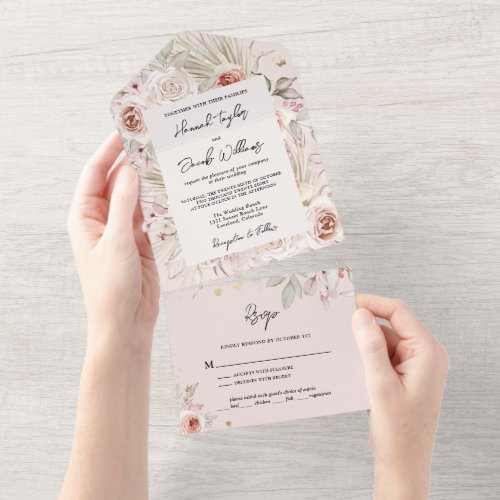 Pink Floral Boho Rustic with RSVP Wedding All In One Invitation