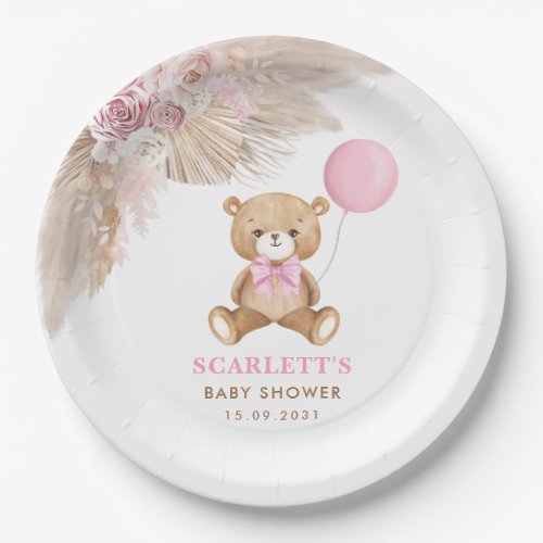 Pink Floral Boho Teddy Bear Balloon Baby Girl Paper Plates