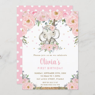 Pink Floral Boho Tribal Elephant Girl 1st Birthday Invitation