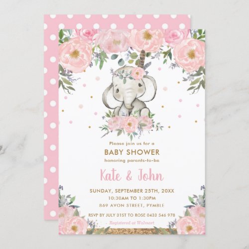 Pink Floral Boho Tribal Elephant Girl Baby Shower Invitation