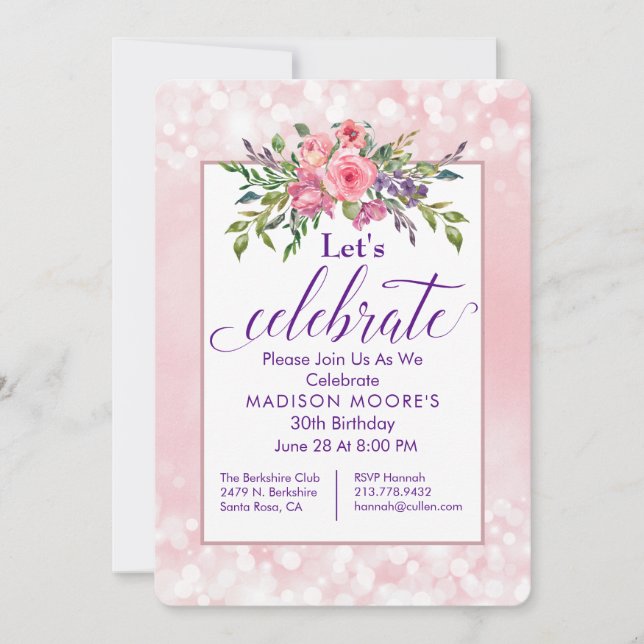Pink Floral Bokeh Birthday Party Invitation (Front)