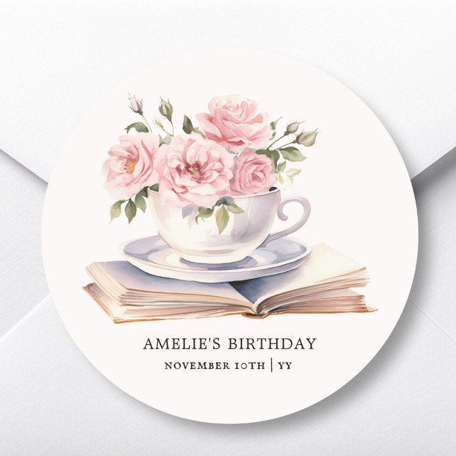 Pink Floral Book Theme Birthday Favor Sticker (Creator Uploaded)