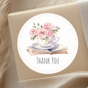 Pink Floral Book Theme Birthday Thank you Sticker