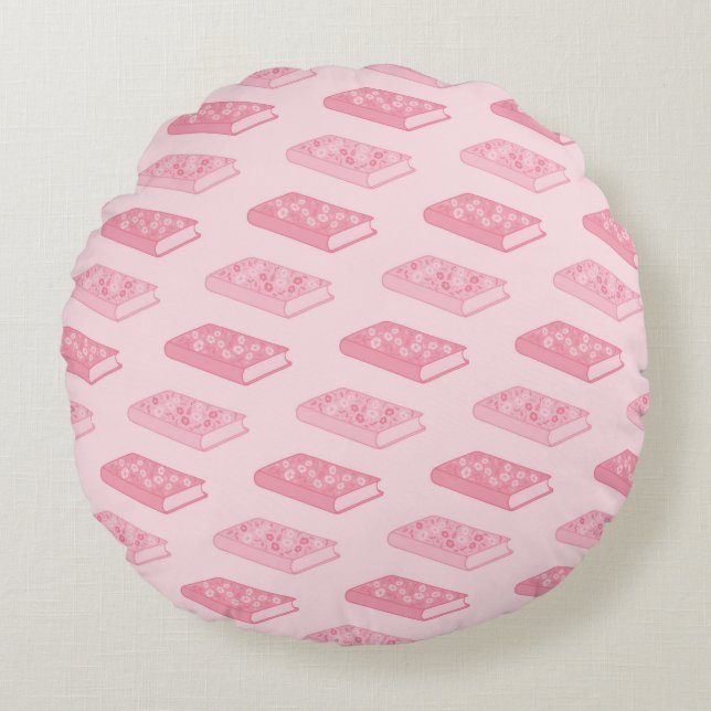Pink Floral Books Round Pillow (Front)
