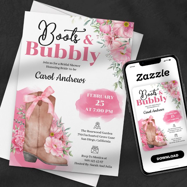 Pink Floral Boots & Bubbly Bridal Shower Invitation (Creator Uploaded)