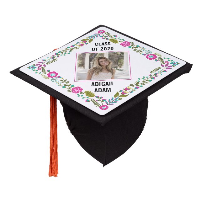 Pink floral border, photo Class of 2020 graduation Graduation Cap Topper (Angled)