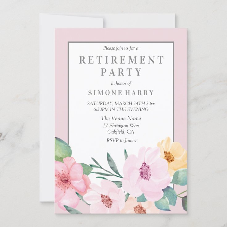 Pink Floral Border Retirement Party Invitation | Zazzle