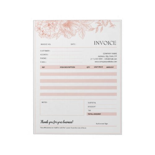 Pink Floral Border Small Business Invoice Template Notepad