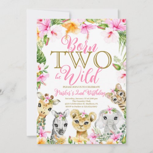 Pink Floral Born Two be Wild Jungle Birthday Girl Invitation