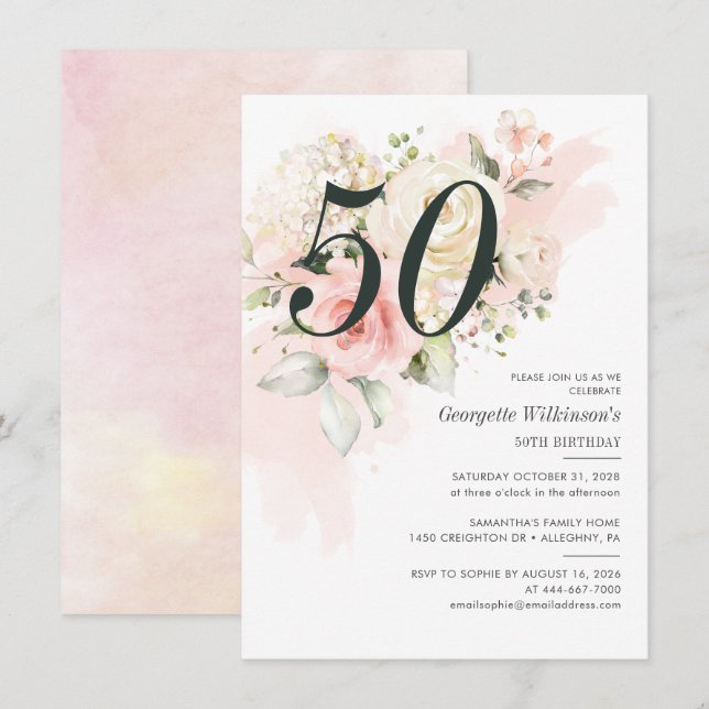 Pink Floral Botanical 50th Birthday Party Invitation (Front/Back)