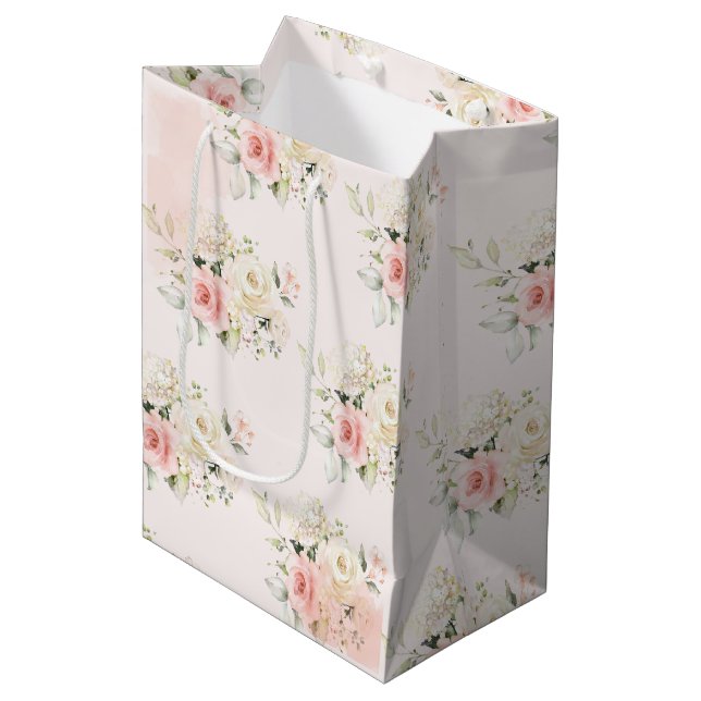 Pink Floral Botanical 75th Birthday Party Medium Gift Bag (Front Angled)
