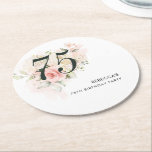 Pink Floral Botanical 75th Birthday Party Round Paper Coaster<br><div class="desc">Cute and modern, yet elegant 75th birthday party paper coaster. Featuring a trendy layout and watercolor floral and greenery eucalyptus and pink blush. Perfect for any age birthday party celebration. This template can be easily edited and the text replaced with your own details by clicking the "Personalize" button. For further...</div>