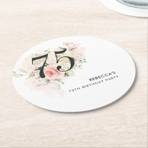Pink Floral Botanical 75th Birthday Party Round Paper Coaster