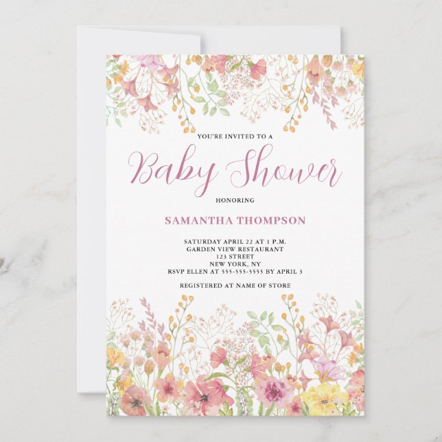Pink Floral Botanical Baby Shower Invitation (Front)