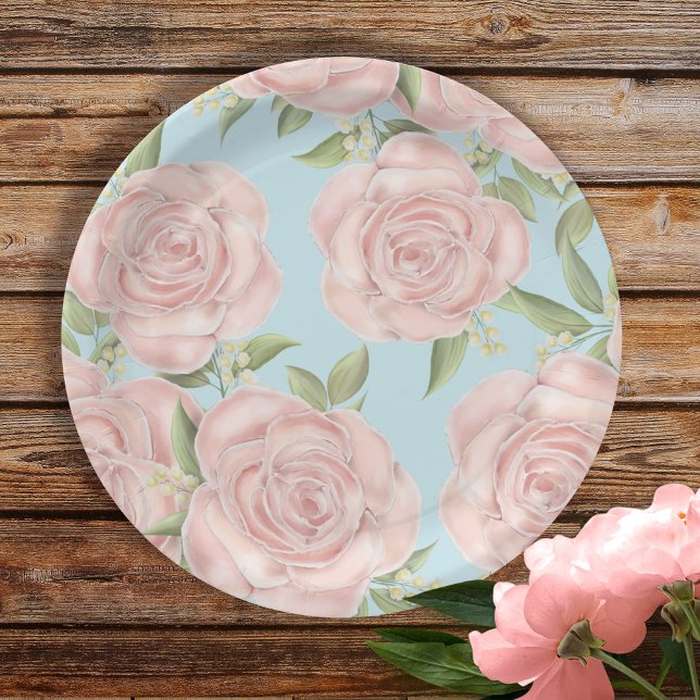Pink Floral Botanical Blush Rose Pretty Pattern  Paper Plates (Creator Uploaded)