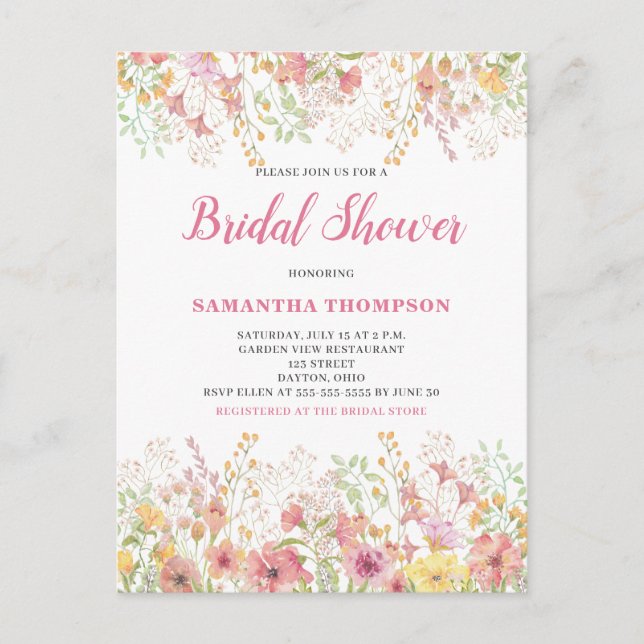 Pink Floral Botanical Bridal Shower Invitation Postcard (Front)