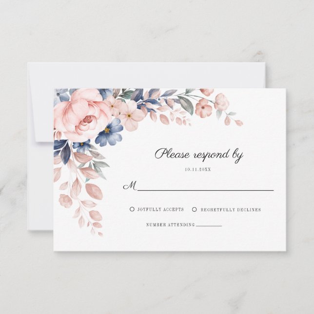 Pink Floral Botanical Foliage Wedding RSVP Card (Front)