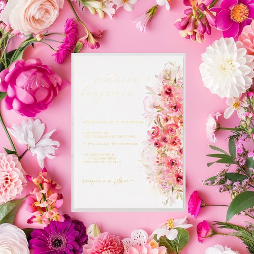 Pink Floral Botanical Garden Colorful Wedding Gold Foil Invitation