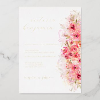 Pink Floral Botanical Garden Colorful Wedding Gold Foil Invitation by rusticwedding at Zazzle