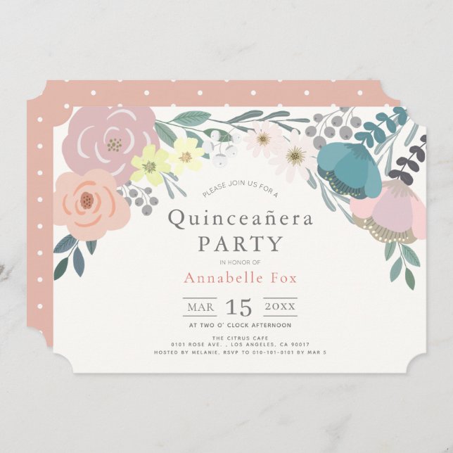 Pink Floral Botanical Quinceañera Invitation (Front/Back)