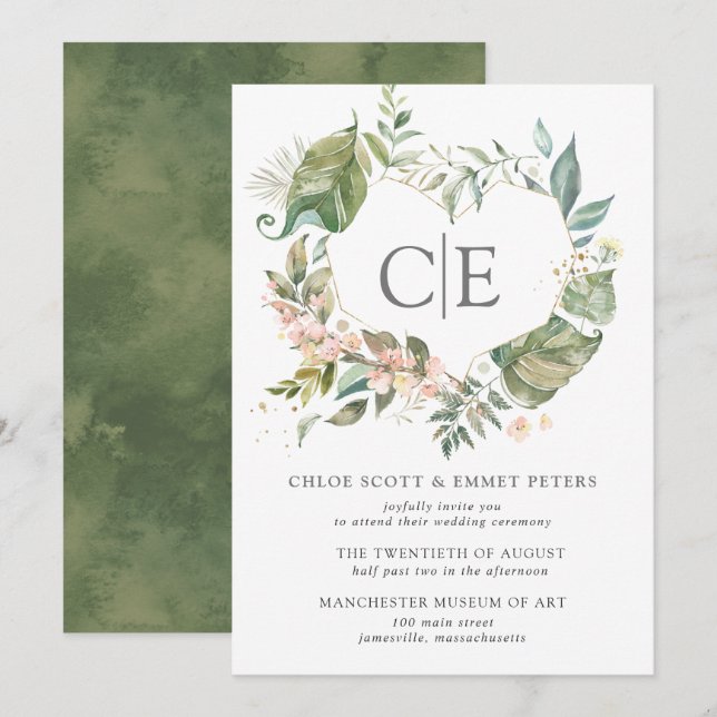 Pink Floral Botanical Rustic Heart Wedding Invitation (Front/Back)