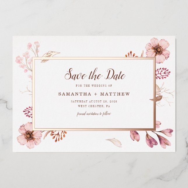 Pink Floral Botanical Save the Date Wedding Foil Invitation (Front)