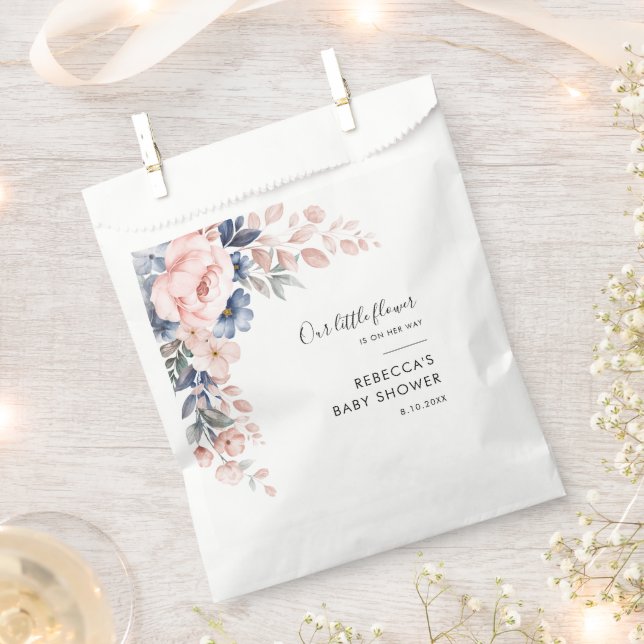 Pink Floral Botanical Script Baby Shower Favor Bag (Clipped)