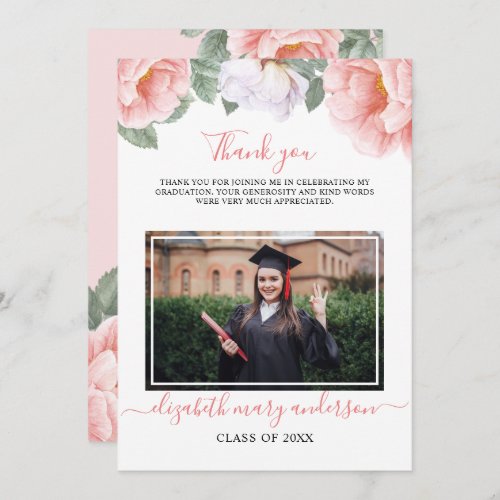 Pink Floral Botanical Watercolor Graduation Thank You Card