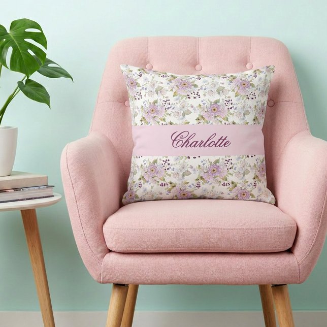 Pink Floral Botanical Wildflower Monogram Name Throw Pillow (Pink Floral Botanical Wildflower Monogram Name Throw Pillow)