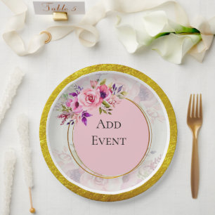 Pink Floral Bouquet and a Shimmering Gold Glitter Paper Plates