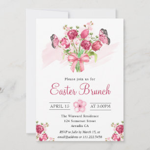 Pink Floral Bouquet and Butterflies Easter Brunch Invitation