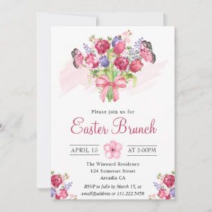 Pink Floral Bouquet and Butterflies Easter Brunch Invitation