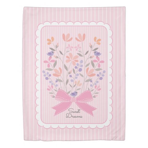 Pink Floral Bouquet and Stripes Duvet Cover
