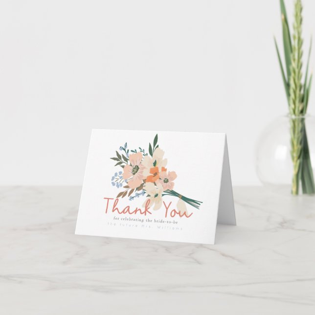 Pink Floral Bouquet Bridal Shower Thank You Card (Front)