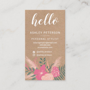 Pink floral bouquet brown kraft chic hello script business card