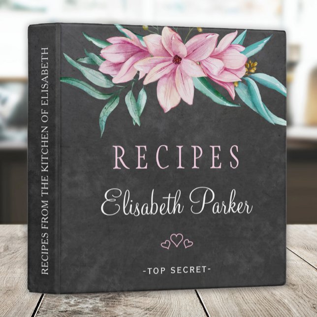 Pink floral bouquet chalkboard rustic recipes 3 ring binder (Creator Uploaded)