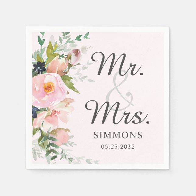Pink Floral Bouquet Mr. & Mrs. Wedding Reception Napkins (Front)