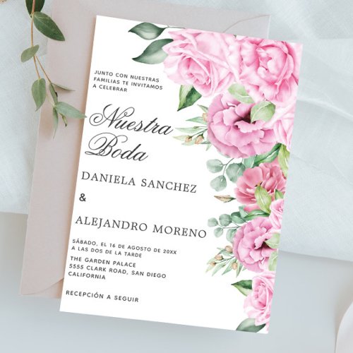 Pink Floral Bouquet Nuestra Boda Spanish Wedding Invitation