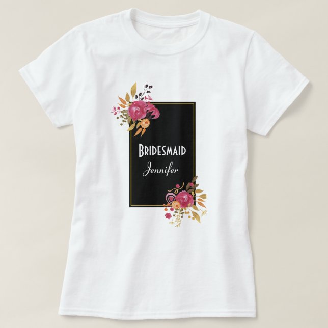 Pink Floral Bouquet on Black Frame T-Shirt (Design Front)