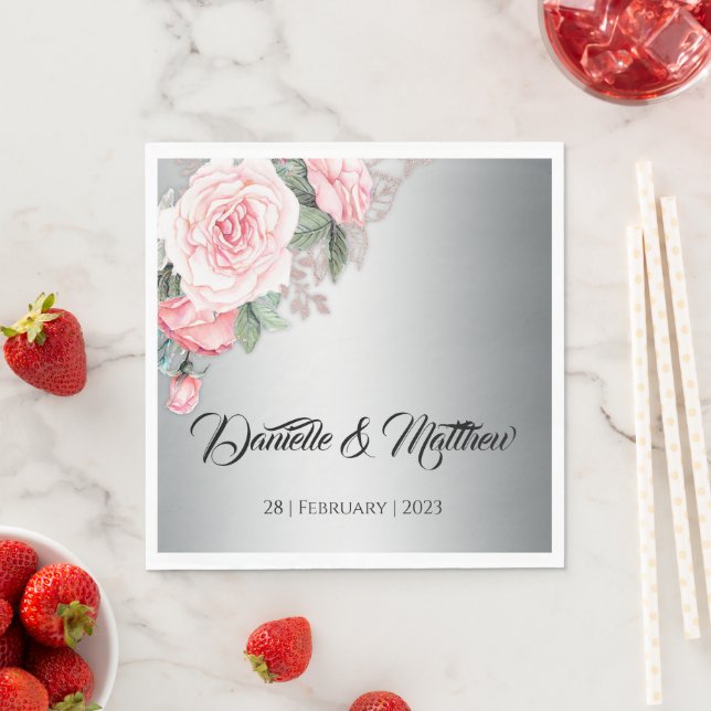 Pink Floral Bouquet on Luxurious Silver Wedding Napkins (Insitu)