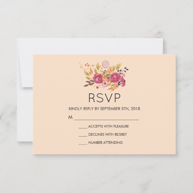Pink Floral Bouquet on Peach Pastel Wedding RSVP (Front)