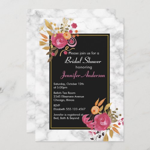 Pink Floral Bouquet on White Marble Bridal Shower Invitation