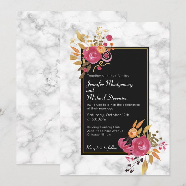 Pink Floral Bouquet on White Marble Wedding Invite (Front/Back)