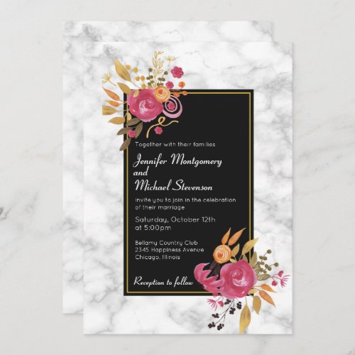 Pink Floral Bouquet on White Marble Wedding Invite