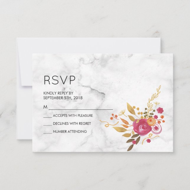 Pink Floral Bouquet on White Marble Wedding RSVP (Front)
