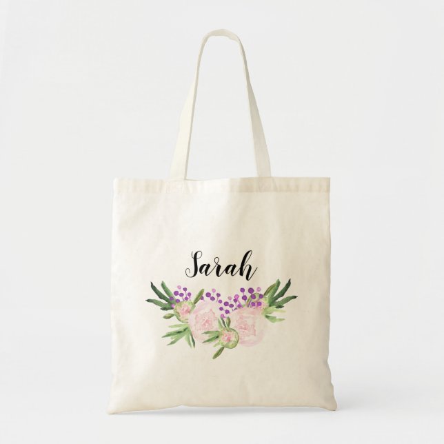 Pink Floral Bouquet Personalised Bridesmaid Tote Bag (Front)